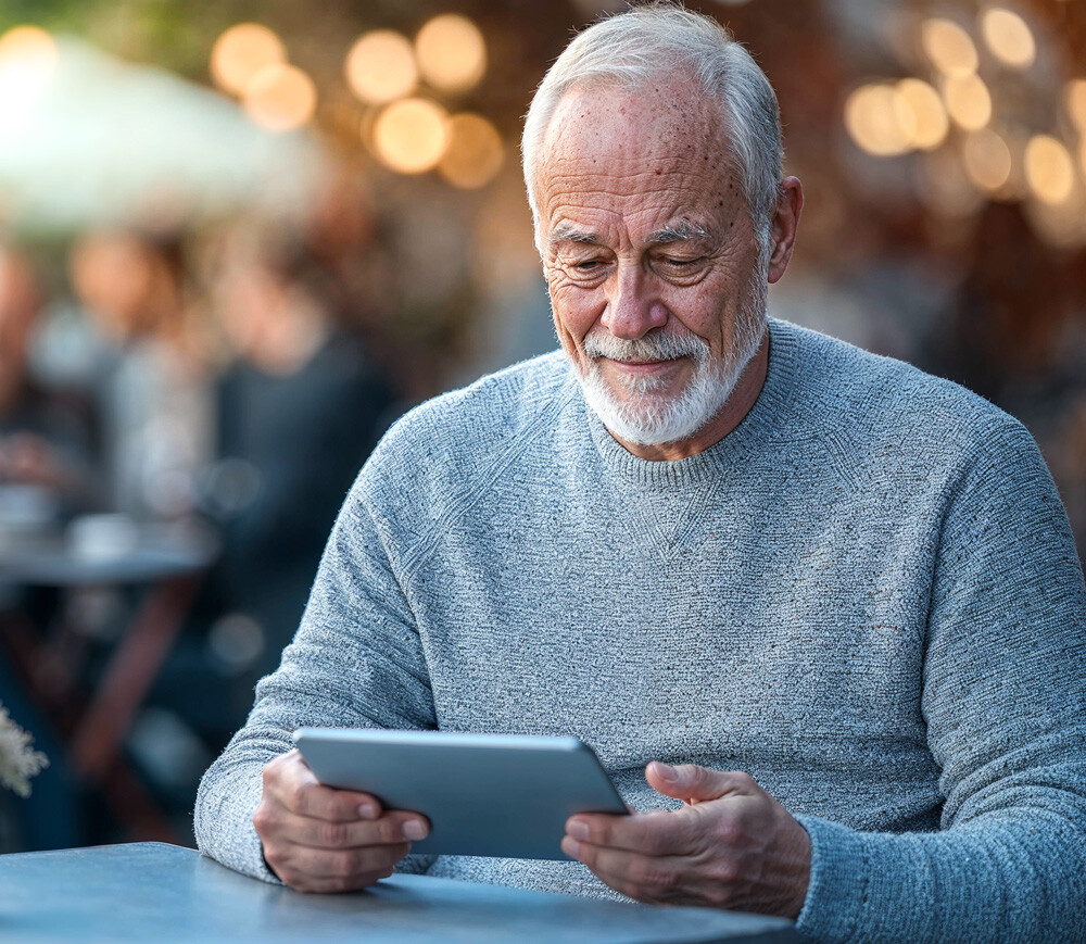 Mann mit Sehbehinderung am iPad